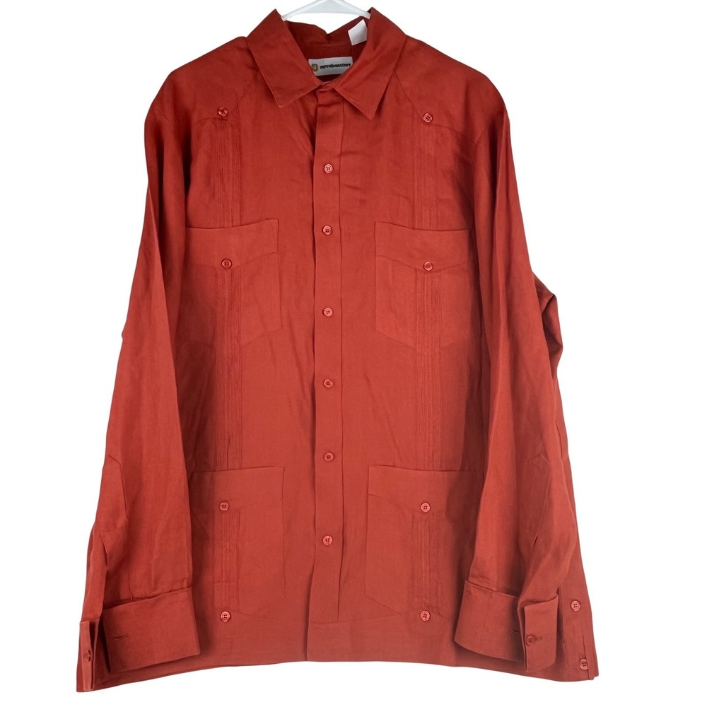 MyCubanStore Guayabera Shirt Men‎ XL Rust Orange 100% Linen Long Sleeve Mexico